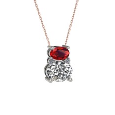 Garnet, swarovski ve pırlanta 18 ayar beyaz altın kolye (0.036 karat, 40 cm rose altın rolo zincir)