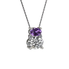 Ametist, swarovski ve pırlanta 18 ayar beyaz altın kolye (0.036 karat, 40 cm gümüş rolo zincir)