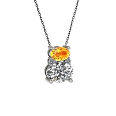 Sitrin, swarovski ve pırlanta 14 ayar beyaz altın kolye (0.036 karat, 40 cm gümüş rolo zincir)