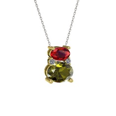 Garnet, peridot ve pırlanta 925 ayar altın kaplama gümüş kolye (0.036 karat, 40 cm gümüş rolo zincir)