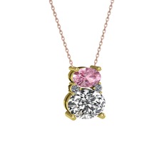 Pembe kuvars, swarovski ve pırlanta 8 ayar altın kolye (0.036 karat, 40 cm rose altın rolo zincir)