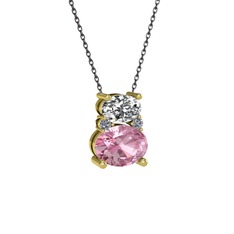 Beyaz zirkon, pembe kuvars ve pırlanta 18 ayar altın kolye (0.036 karat, 40 cm gümüş rolo zincir)