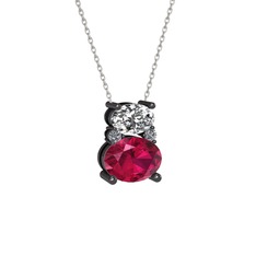 Thea Kolye - Swarovski, rodolit garnet ve pırlanta 925 ayar siyah rodyum kaplama gümüş kolye (0.036 karat, 40 cm beyaz altın rolo zincir) #q939sx