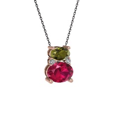 Thea Kolye - Peridot, rodolit garnet ve swarovski 8 ayar rose altın kolye (40 cm gümüş rolo zincir) #s0522g