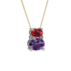Garnet, ametist ve pırlanta 925 ayar gümüş kolye (0.036 karat, 40 cm gümüş rolo zincir)