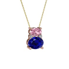 Thea Kolye - Pembe kuvars, lab safir ve swarovski 14 ayar rose altın kolye (40 cm altın rolo zincir) #sa6ld1