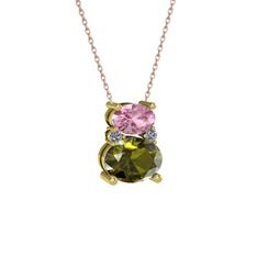 Pembe kuvars, peridot ve pırlanta 925 ayar altın kaplama gümüş kolye (0.036 karat, 40 cm rose altın rolo zincir)