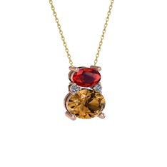 Garnet, dumanlı kuvars ve pırlanta 8 ayar rose altın kolye (0.036 karat, 40 cm gümüş rolo zincir)
