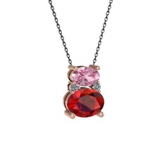 Pembe kuvars, garnet ve pırlanta 8 ayar rose altın kolye (0.036 karat, 40 cm gümüş rolo zincir)