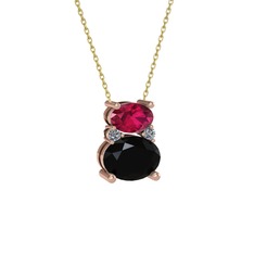 Rodolit garnet, siyah zirkon ve pırlanta 8 ayar rose altın kolye (0.036 karat, 40 cm altın rolo zincir)
