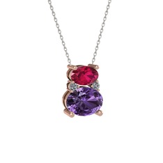 Rodolit garnet, ametist ve pırlanta 8 ayar rose altın kolye (0.036 karat, 40 cm beyaz altın rolo zincir)