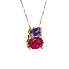 Ametist, rodolit garnet ve swarovski 8 ayar altın kolye (40 cm rose altın rolo zincir)
