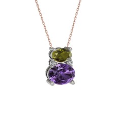 Peridot, ametist ve swarovski 18 ayar beyaz altın kolye (40 cm gümüş rolo zincir)