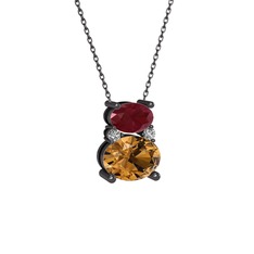 Thea Kolye - Kök yakut, dumanlı kuvars ve swarovski 925 ayar siyah rodyum kaplama gümüş kolye (40 cm gümüş rolo zincir) #wikpu1