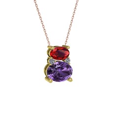 Garnet, ametist ve pırlanta 14 ayar altın kolye (0.036 karat, 40 cm rose altın rolo zincir)