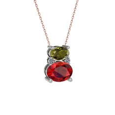 Thea Kolye - Peridot, garnet ve pırlanta 8 ayar beyaz altın kolye (0.036 karat, 40 cm rose altın rolo zincir) #x6nkn8