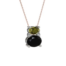 Peridot, siyah zirkon ve swarovski 18 ayar beyaz altın kolye (40 cm rose altın rolo zincir)