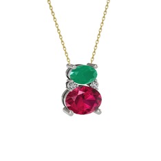 Kök zümrüt, rodolit garnet ve swarovski 18 ayar beyaz altın kolye (40 cm altın rolo zincir)