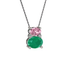 Pembe kuvars, kök zümrüt ve swarovski 18 ayar beyaz altın kolye (40 cm gümüş rolo zincir)