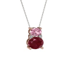 Pembe kuvars, kök yakut ve swarovski 14 ayar rose altın kolye (40 cm gümüş rolo zincir)