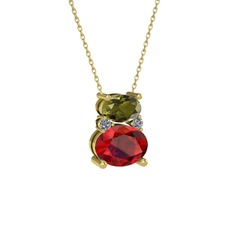 Peridot, garnet ve pırlanta 8 ayar altın kolye (0.036 karat, 40 cm altın rolo zincir)