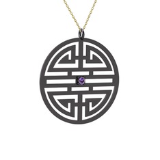 Taşlı Longevity Kolye - Ametist 925 ayar siyah rodyum kaplama gümüş kolye (40 cm gümüş rolo zincir) #10c6lyv