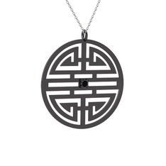 Taşlı Longevity Kolye - Siyah zirkon 925 ayar siyah rodyum kaplama gümüş kolye (40 cm gümüş rolo zincir) #1244dln