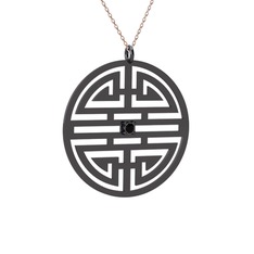 Taşlı Longevity Kolye - Siyah zirkon 925 ayar siyah rodyum kaplama gümüş kolye (40 cm rose altın rolo zincir) #12og100