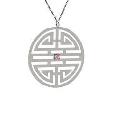 Taşlı Longevity Kolye - Pembe kuvars 14 ayar beyaz altın kolye (40 cm gümüş rolo zincir) #13opcl1