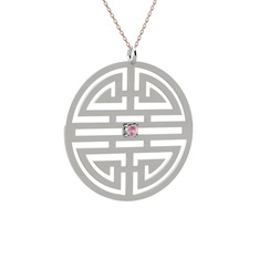 Pembe kuvars 8 ayar beyaz altın kolye (40 cm rose altın rolo zincir)