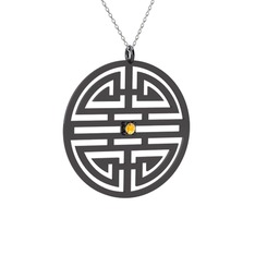 Taşlı Longevity Kolye - Sitrin 925 ayar siyah rodyum kaplama gümüş kolye (40 cm gümüş rolo zincir) #1faf039