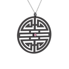 Taşlı Longevity Kolye - Pembe kuvars 925 ayar siyah rodyum kaplama gümüş kolye (40 cm beyaz altın rolo zincir) #1t2y11m