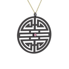 Taşlı Longevity Kolye - Pembe kuvars 925 ayar siyah rodyum kaplama gümüş kolye (40 cm altın rolo zincir) #1u3w74k