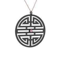 Taşlı Longevity Kolye - Pembe kuvars 925 ayar siyah rodyum kaplama gümüş kolye (40 cm gümüş rolo zincir) #3aosbr