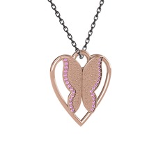 Pembe kuvars 18 ayar rose altın kolye (40 cm gümüş rolo zincir)