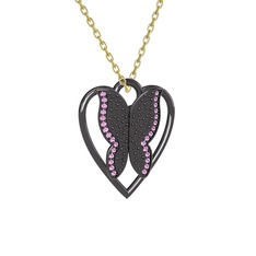 Surya Kelebek Kolye - Pembe kuvars 925 ayar siyah rodyum kaplama gümüş kolye (40 cm altın rolo zincir) #1niovhx