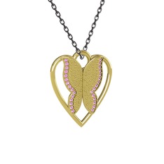 Surya Kelebek Kolye - Pembe kuvars 8 ayar altın kolye (40 cm gümüş rolo zincir) #1v6o4n6