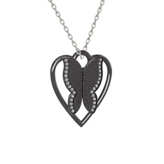 Surya Kelebek Kolye - Beyaz zirkon 925 ayar siyah rodyum kaplama gümüş kolye (40 cm gümüş rolo zincir) #ch2776