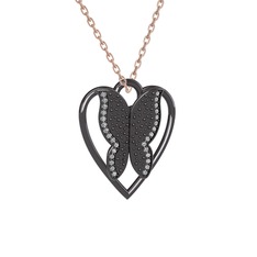Swarovski 925 ayar siyah rodyum kaplama gümüş kolye (40 cm rose altın rolo zincir)