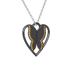 Surya Kelebek Kolye - Sitrin 925 ayar siyah rodyum kaplama gümüş kolye (40 cm beyaz altın rolo zincir) #k8atgm