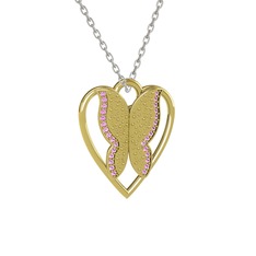 Surya Kelebek Kolye - Pembe kuvars 18 ayar altın kolye (40 cm beyaz altın rolo zincir) #y8klsx