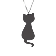 Tarçın Kedi Kolye - 925 ayar siyah rodyum kaplama gümüş kolye (40 cm beyaz altın rolo zincir) #11enu6a