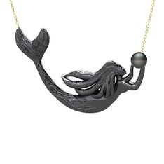 Pequod Deniz Kızı Kolye - Siyah inci 925 ayar siyah rodyum kaplama gümüş kolye (40 cm gümüş rolo zincir) #139jtdt