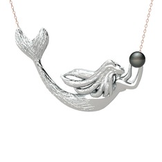 Pequod Deniz Kızı Kolye - Siyah inci 18 ayar beyaz altın kolye (40 cm gümüş rolo zincir) #16be0pw
