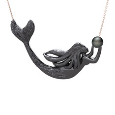Pequod Deniz Kızı Kolye - Siyah inci 925 ayar siyah rodyum kaplama gümüş kolye (40 cm rose altın rolo zincir) #1gbdltd