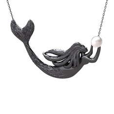 Pequod Deniz Kızı Kolye - Inci 925 ayar siyah rodyum kaplama gümüş kolye (40 cm gümüş rolo zincir) #1h9boys