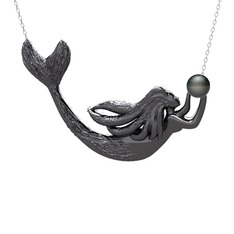 Pequod Deniz Kızı Kolye - Siyah inci 925 ayar siyah rodyum kaplama gümüş kolye (40 cm beyaz altın rolo zincir) #1xtflcf