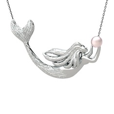 Pequod Deniz Kızı Kolye - Pembe inci 8 ayar beyaz altın kolye (40 cm gümüş rolo zincir) #fuu0ee