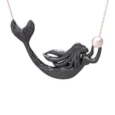 Pequod Deniz Kızı Kolye - Pembe inci 925 ayar siyah rodyum kaplama gümüş kolye (40 cm gümüş rolo zincir) #h2nbws