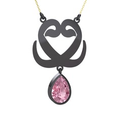 Çift Vav Kolye - Pembe kuvars 925 ayar siyah rodyum kaplama gümüş kolye (40 cm altın rolo zincir) #105326c